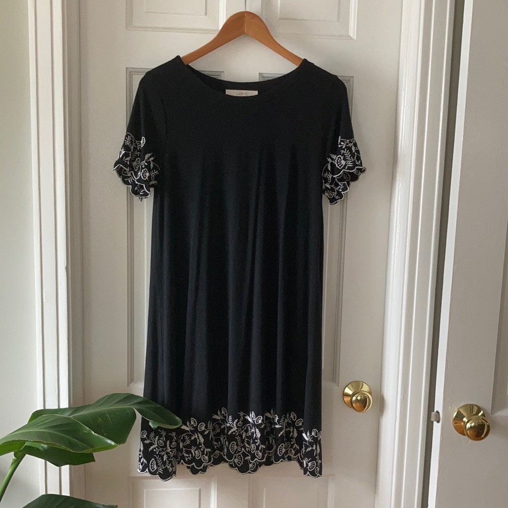 Loft Black Floral Embroidered Sun Dress